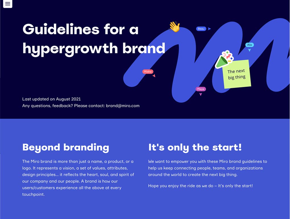 Miro – brand guidelines front page – Jonathan Wilcock Freelance Copywriter