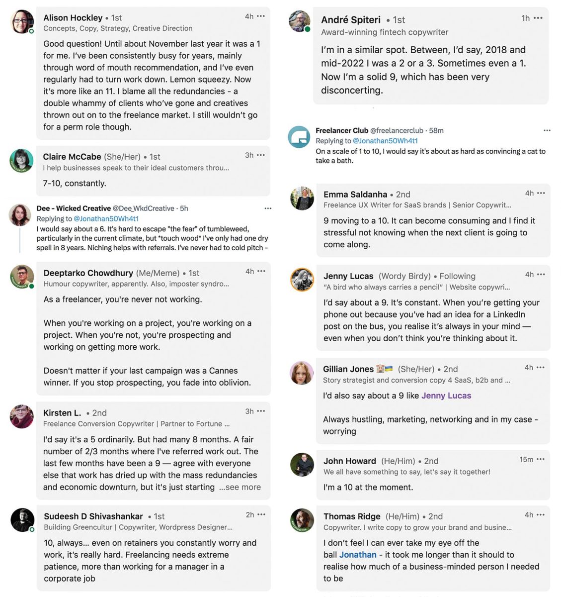 Various LinkedIn and Twitter poll comments – Jonathan Wilcock, Freelance Copywriter