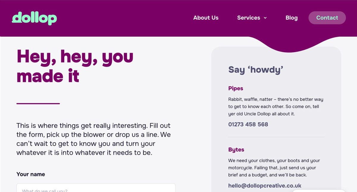 dollop Contact page – brand naming, Tone of Voice and Copywriting by Jonathan Wilcock